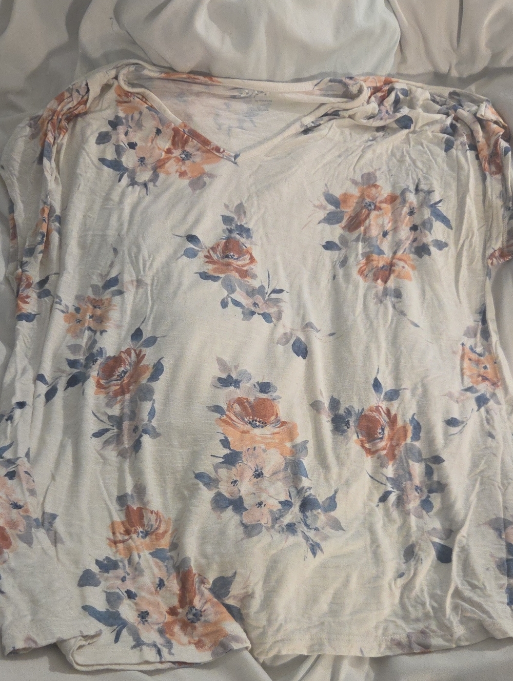 Women’s Cream Floral V-Neck Long Sleeve Top with Peach & Blue Blooms